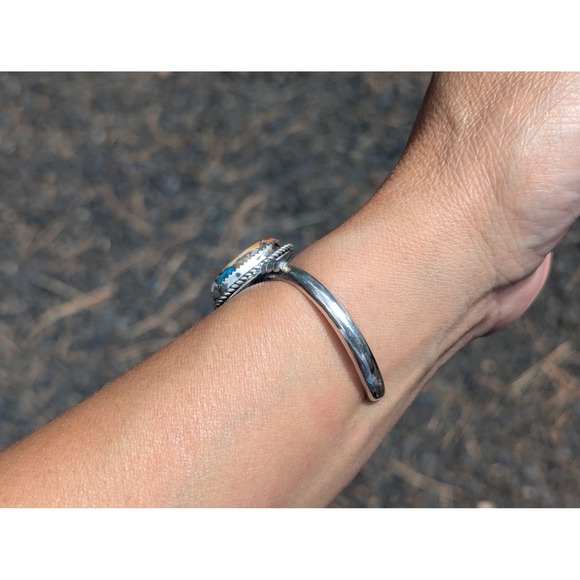 Navajo Handmade Cuff Bracelet Mohave Slab Turquoise Signed w Silver Band 6.5‎ ** - Picture 6 of 10